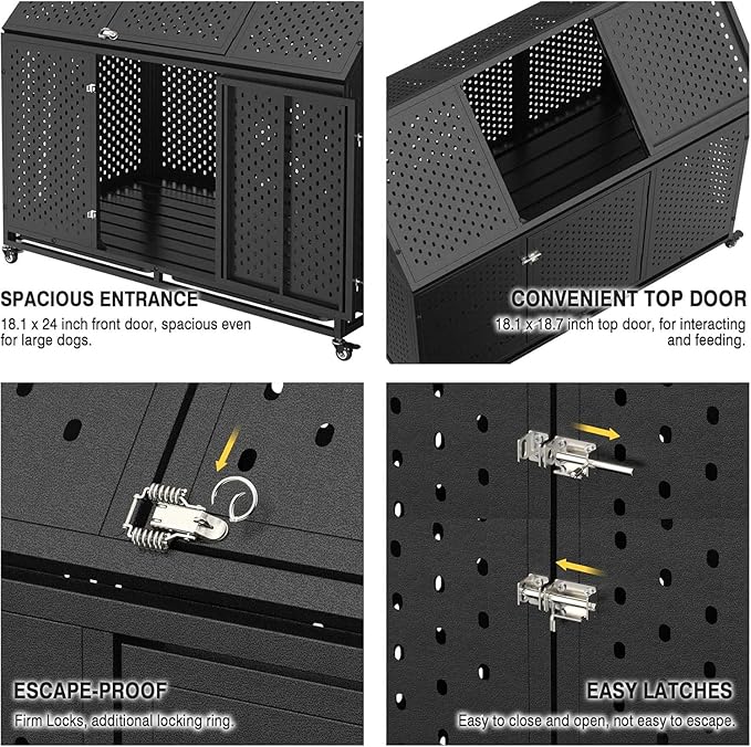 44 Inch Heavy Duty Indestructible Dog Crate with Wheels, Steel Escape-Proof Indoor Double Door High Anxiety Cage, Durable Chew-Proof Kennel with Removable Tray for Large Medium Dogs