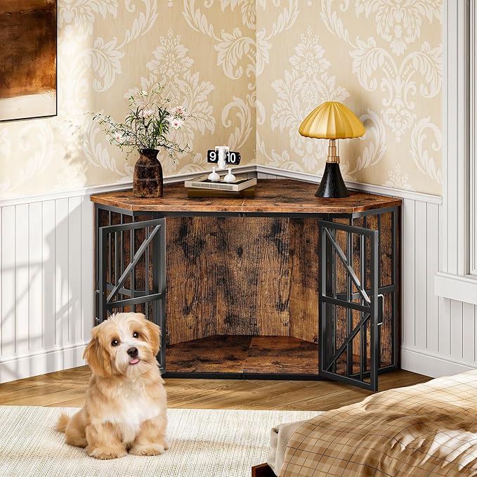 44" Corner Dog Crate Furniture, Corner Dog Kennel Furniture with X-Design Metal Frame, Corner Dog Crate TV Stand for Medium Dogs, Pet Crates Corner End Table, Rustic Brown and Black TGW03BF