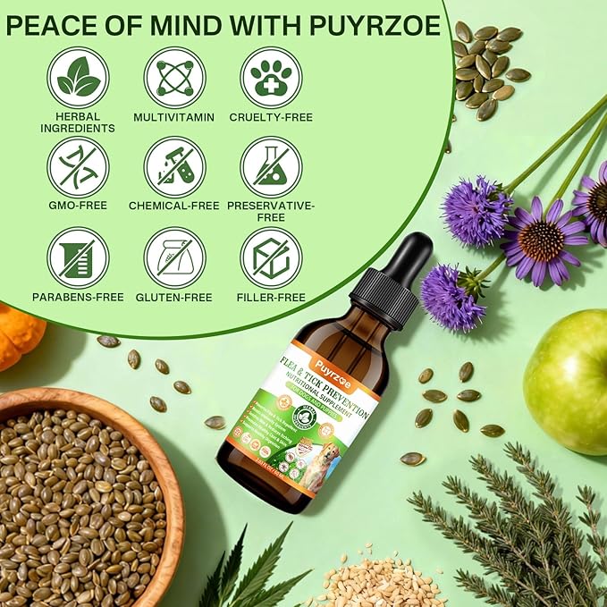 Dog Flea Treatment Drops, Natural Oral Flea and Tick Prevention for Dogs with Pumpkin Seed, Echinacea, Omega-3/6/9- Support Immunity, Healthy Skin & Coat, Digestion & Overall Wellness