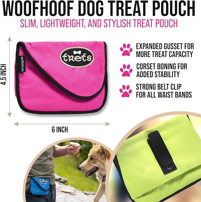 Woofhoof Dog Treat Pouch, Pink Training Treat Pouch - Clip On Dog Treat Holder, Innovative No Spill Design, Magnetic Flap, Expandable Gusset, Made of Durable Nylon, Machine Washable