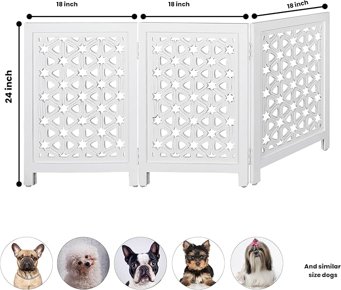 Decorative Wooden Pet Gate, Dog Fence, Cat Gate, Foldable, Adjustable, Portable, Extra-Wide, Wooden Dog Barrier, Free-Standing Puppy Gate 3 Panels for Indoor, Doorways, Stairs-24x54 Inch White Antique