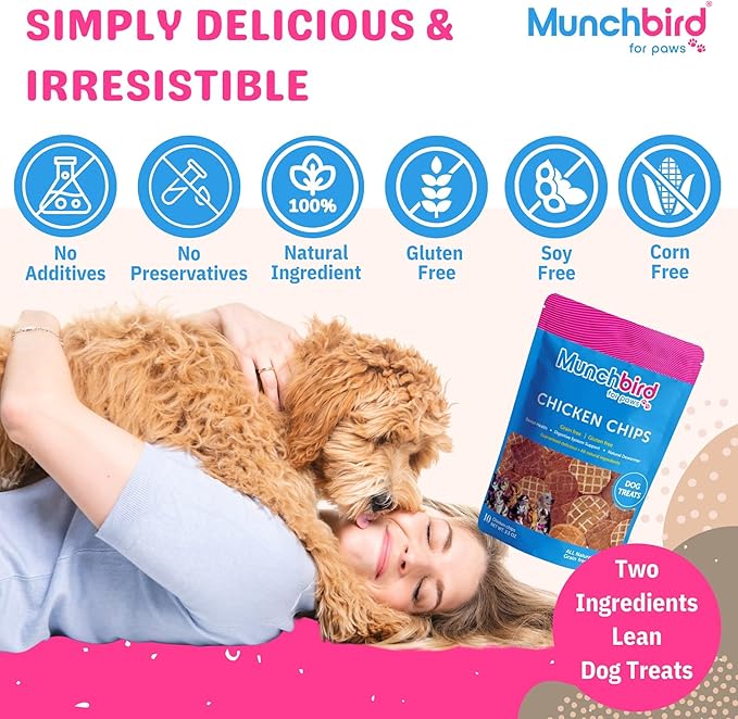 Munchbird Chicken Waffle Chips Dehydrated Lean Treats for Dogs (3.5 OZ, Crunchy Chicken Chips), Great for picky Eaters, Easy to Break up into Smaller Pieces as Food Topper or Training Treats
