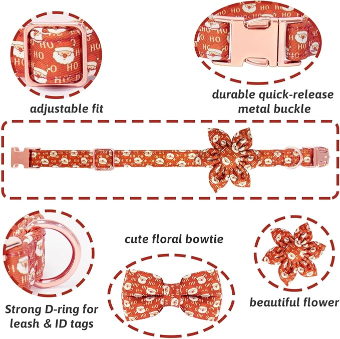 Christmas Dog Collar and Leash Set Girls Adjustable Puppy Collars with Christmas Bow Tie for Small Medium Large Female Dogs, Red Santa Claus, XS