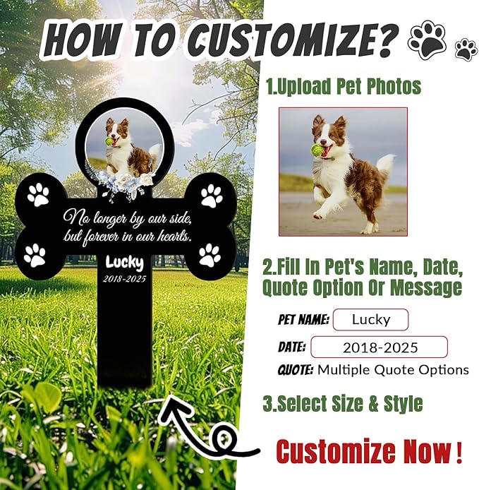 Custom Pet Grave Markers Dog Outdoor, Personalized Pet Cross Grave Marker with Name and Date, Weatherproof Dog Headstone for Graves Outdoor Garden Yard, Pet Tombstones Sympathy Gift for Pet Loss