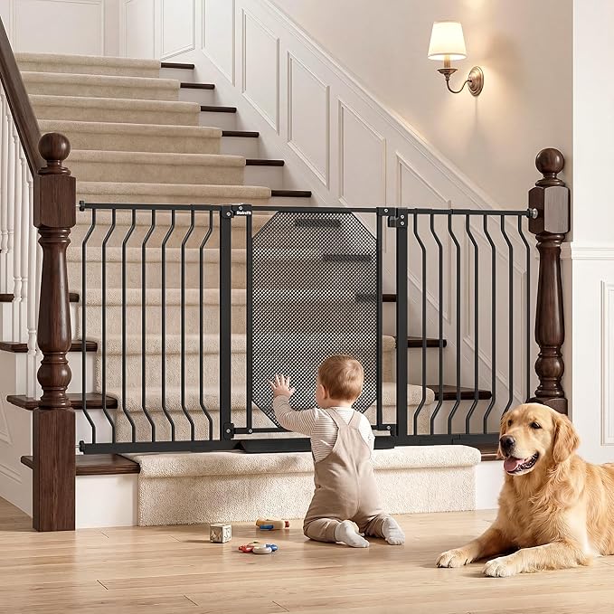 48.5-61.5" Extra Wide Baby Gate for Stairs, Pressure Mount No Drill, Lift to Unlock Child Proof, One-Hand Auto Close Walk Through Pet Dog Gate for Doorways, Fits 4 Different Width Ranges, Black