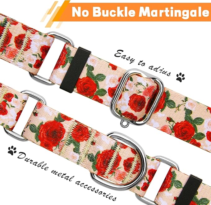 Hikiko Martingale Collar for Dogs with No Buckle Floral Designer Female Dog Collars Nylon No Pull Dog Collar for Large Dogs,Red Rose,L