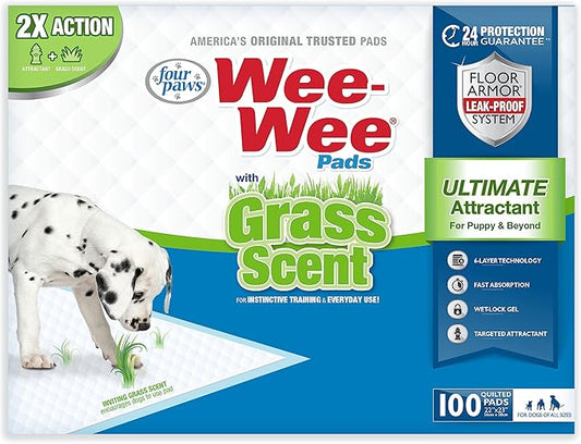 Four Paws Wee-Wee Ultimate Attractant Grass Scented Pee Pads for Dogs & Puppies, Leak-Proof Dog Housebreaking Instinctive Potty Training Floor Protection, 22" x 23", 10 Count