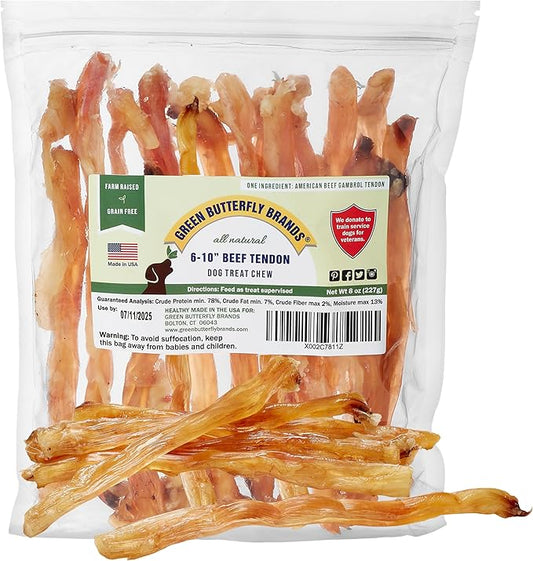 Beef Tendons for Dogs Made in USA. 6-10 Inch Grass Fed Farm-Raised American Beef Dog Treats. All Natural Dog Dental Chews. Grain Free Odor-Free Chews 8 Ounce