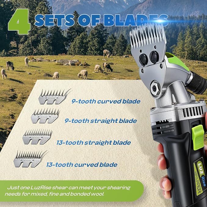 Sheep Shears Professional 850W 2400RPM Heavy Duty with 4 Blades (13-Teeth Straight/13-Teeth Curved/9-Teeth Straight/9-Teeth Curved) 6 Speed Adjustable for Thick Coat Animal (Size: 13.8*3.6")