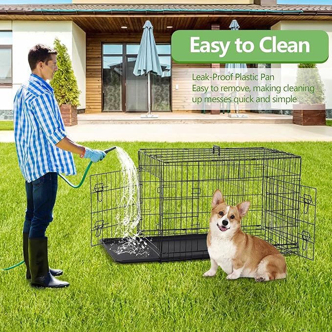 36'' Foldable Metal Wire Dog Crate Double Door, Folding Portable Dog Cage Double Lock, Collapsible Intermediate Dog Crate w/Leak-Proof Pan/Divider/Handle, Dog Kennel for Intermediate Dogs Indoor