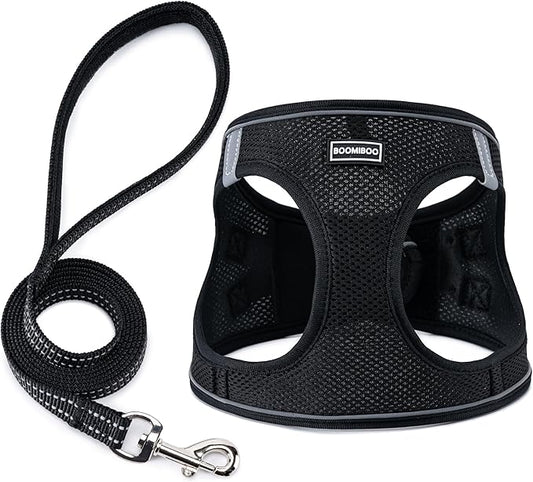BOOMIBOO Dog Harness with Leash Set, No Pull Adjustable Reflective Step-in Puppy Pet Vest Harnesses for Small Medium Large Dogs and Cats,Black S