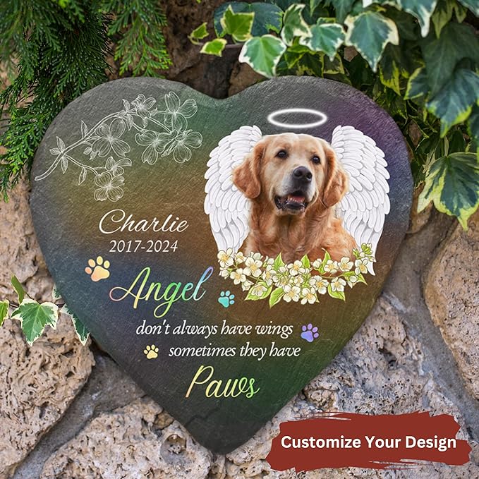 Wrappiness Pet Memorial Stone - Angels Sometimes Have Paws, Personalized Dog Memorial Gifts, Remembrance Condolences Bereavement Gifts for Loss of Pet Custom Photo (Heart 07, Stone)