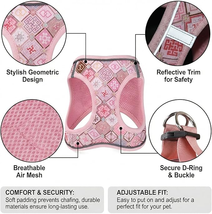 Step in Dog Harness and Leash Set, Reflective Adjustable No Pull Dog Harness for Extra-Small/Small Dogs Puppy and Cats, Soft Padded Mesh Vest Harnesses for Girl and Boy Pets(Pink Grid,XS)