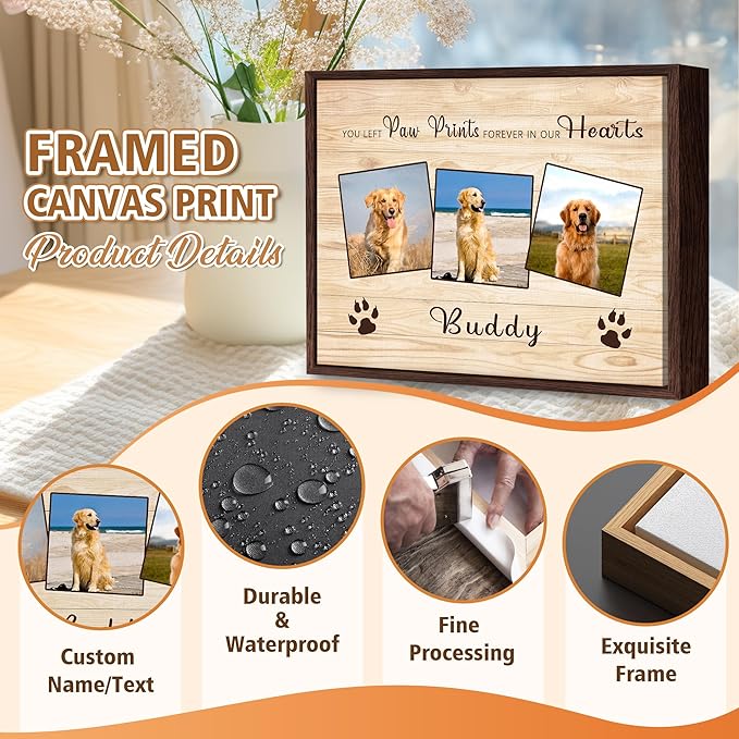 Custom Pet Memorial Gifts for Loss of Dog, Leave Paw Prints on Our Hearts, Dog Loss Sympathy Gift for Dog Cat Lovers Owners, Personalized Paw Prints Canvas with Photo and Name