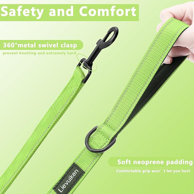 Dog Leash 6.5ft Long, Double Handle Dog Leash for Safety Control Training, Heavy Duty Dog Leads with Traffic Padded Handles, Reflective Leashes for Small Medium Large Dogs(6.5ft, Green)