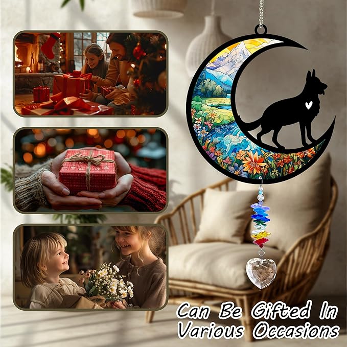 German Shepherd Suncatcher, Personalized Pet Loss Gift with Name & Date, Heart-Shaped Crystal Sun Catcher, Dog Remembrance Sympathy Rainbow Maker for Window & Garden