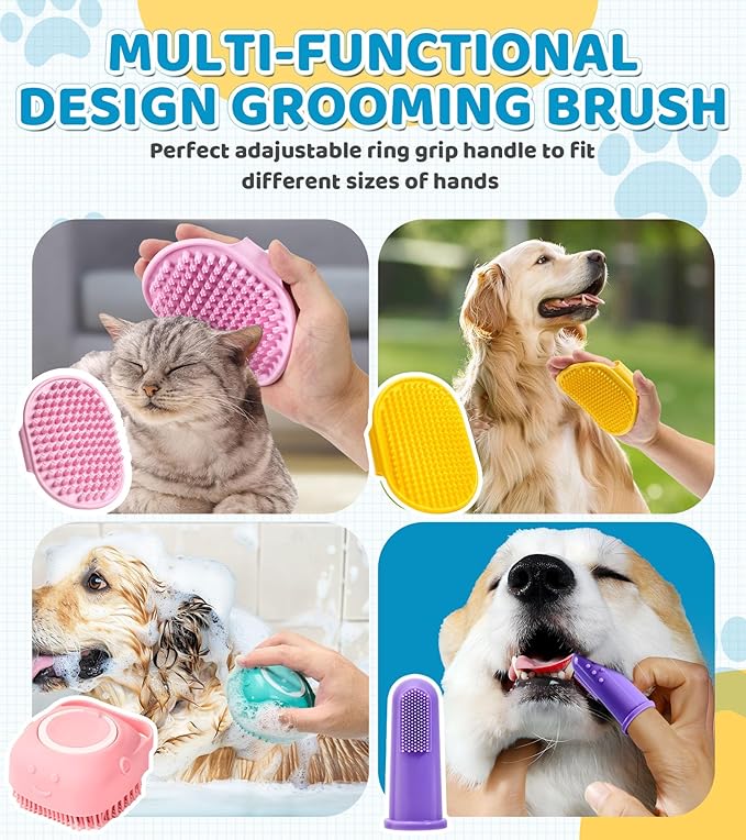 3PCS Dog Bath Brush Pet Shampoo Brush Cat Scrubber Bath Cat Shower Brush, Dog Bath Supplies, Suitable for Deshedding, Washing & Grooming for Short and Long Haired Pets(Pink Pink Yellow)