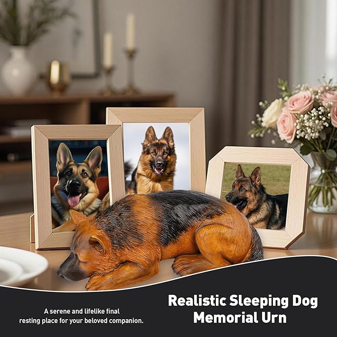 VIPbuy Dog Urn for Ashes - Pet Memorial Cremation Urn, Wooden Carving Style Resin Handcrafted German Shepherd Figurine, Pet Loss Sympathy Gift Home Decor