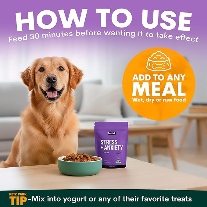 Petz Park Stress + Anxiety Dog Calming Supplement 90 Scoops, Anxiety Supplement, Dog Calming Supplement for Stress Support, Calming Food Topper for Dry or Wet Food, Made in Australia, 6.4oz Powder