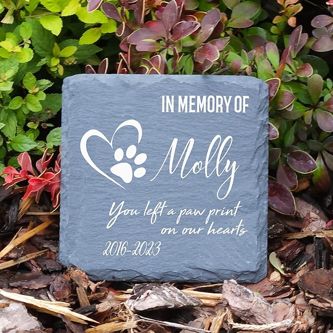 Personalized Individual Square Memorial Plaque + Stand for Pet Cat Dog Slate Stone Frame Paw Grave Marker - Size 3.94" x 3.94" or 100 x 100 mm - Paw Print