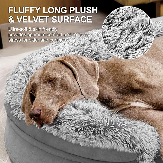 Fluffy 3.7 inch Thickened Orthopedic Dog Beds for Extra Large Dogs, Supportive Dog Sofa Bed with 28D Egg-Crate Foam, Removable Washable Cover, Waterproof Lining, Cozy Oval Design,Grey