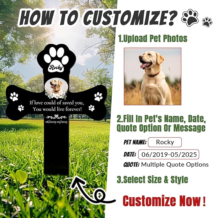 Custom Pet Grave Markers Dog Outdoor, Personalized Pet Cross Grave Marker with Name and Date, Weatherproof Dog Headstone for Graves Outdoor Garden Yard, Pet Tombstones Sympathy Gift for Pet Loss