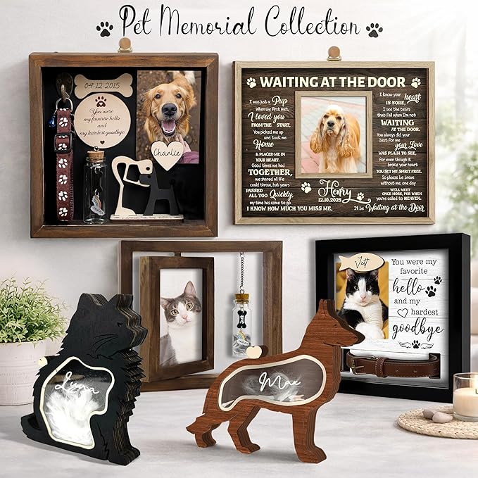 Pet Memorial Gifts for Dogs - Personalized Waiting at The Door Dog Memorial Picture Frame, Engraved Keychain, Pet Sympathy Card - Passed Away Sympathy Gift for Dog Lovers, Bereavement Decor Home