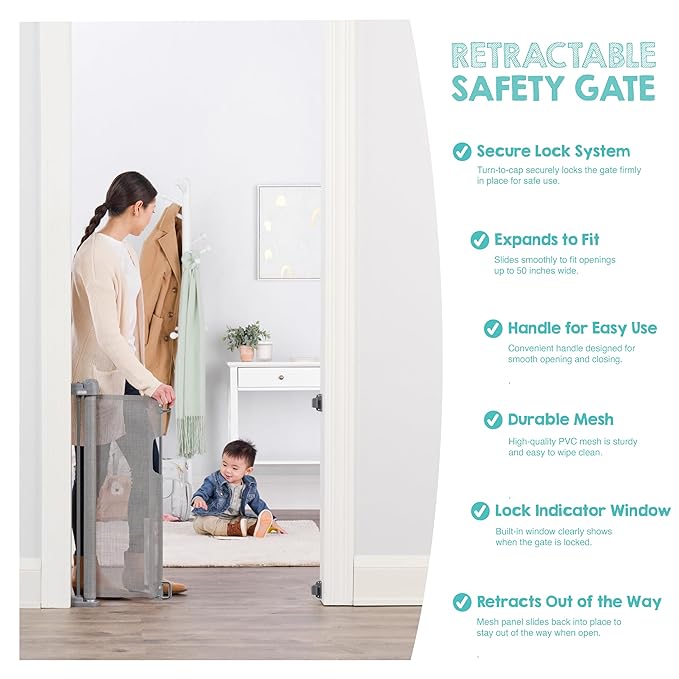 Regalo Safety 50" Extra Wide Retractable Baby Gate, Mesh Safety Gate for Doorways, Hallways & Bottom of Stairs, Hardware Mounted Gate for Babies, Toddlers & Pets, Lock Indicator Window, Gray