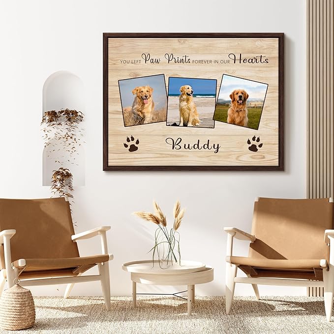 Custom Pet Memorial Gifts for Loss of Dog, Leave Paw Prints on Our Hearts, Dog Loss Sympathy Gift for Dog Cat Lovers Owners, Personalized Paw Prints Canvas with Photo and Name