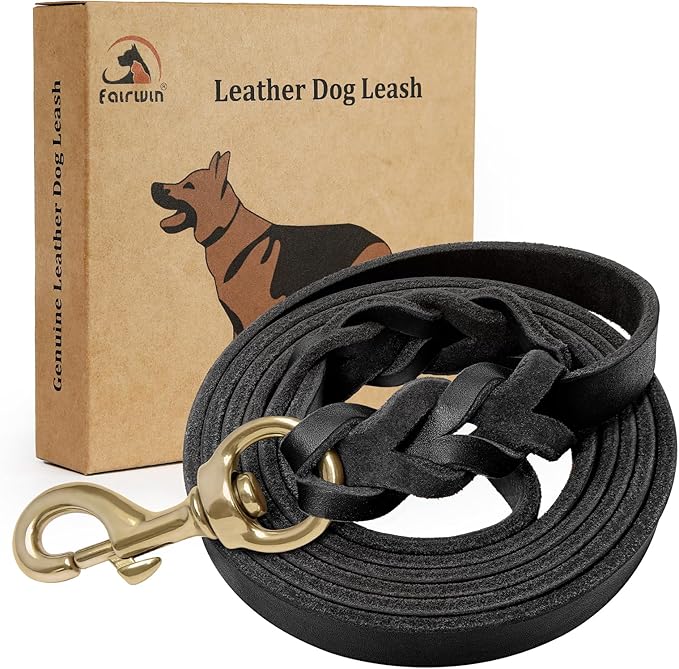 FAIRWIN Leather Dog Leash 6 Foot - Braided Military Grade Heavy Duty Dog Leash for Large Medium Small Dogs Training and Walking (Black, XL:1" x 6ft)