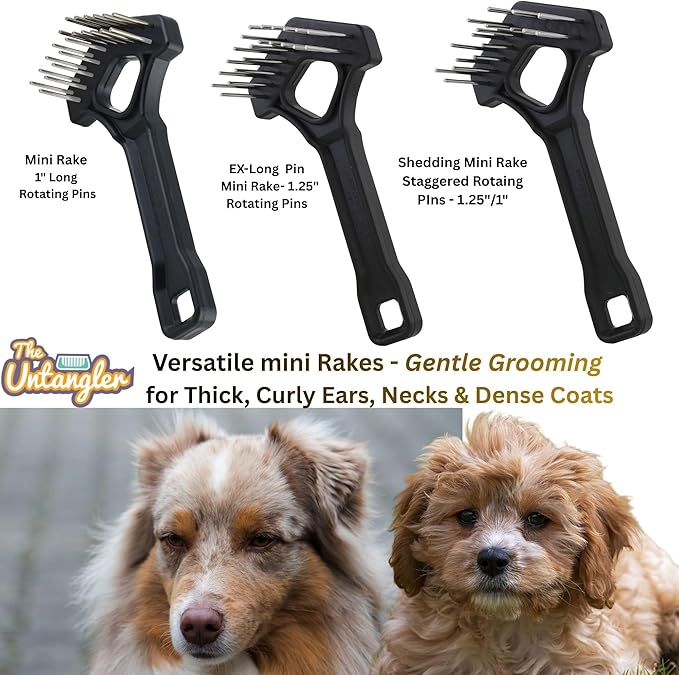 Undercoat Mini-Rakes for Effective Dematting and Grooming Dogs and Cats has V-Shape Head and Double Row, Stainless-Steel Rotating Teeth (Extra-Long Tooth Mini Rake)