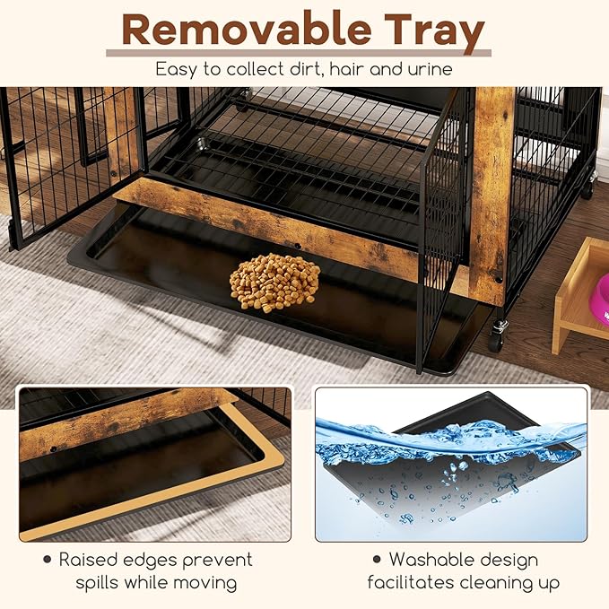 PETSITE Portable Dog Crate Furniture, 38 Inch Wooden Dog Kennel Side Table with Flip-up Top, 3 Lockable Doors and Removable Tray, Ideal for Small to Medium Dogs (Rustic Brown)