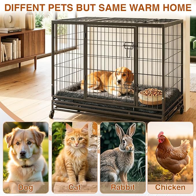 Dog Crate Cage for Large Dogs Heavy Duty 48/42/36Inches Dog Kennel Pet Playpen for Training Indoor Outdoor with Plastic Tray Double Doors & Locks Design (42")