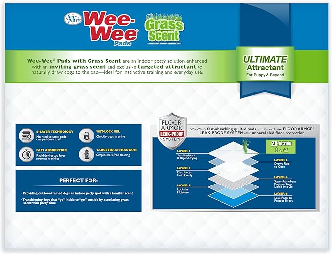 Four Paws Wee-Wee Ultimate Attractant Grass Scented Pee Pads for Dogs & Puppies, Leak-Proof Dog Housebreaking Instinctive Potty Training Floor Protection, 22" x 23", 10 Count