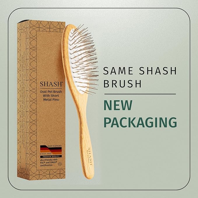 Since 1869 Hand Made In Germany - SHASH Oval Pet Brush With Long Metal Pins With Rubber Cushion - Helps Detangle Knots, Eliminate Frizz, Reduce Pulling & Snagging (Short Steel Pins)