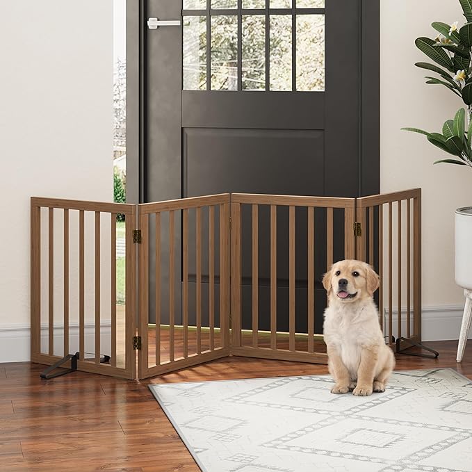 Dog Gates for Doorways, Freestanding Dog Gate Indoor, Foldable Pet Gates for Doorways Bedroom, Puppy Gate with Metal Support Feet, Room Divider 4 Panels (Dark Walnut)