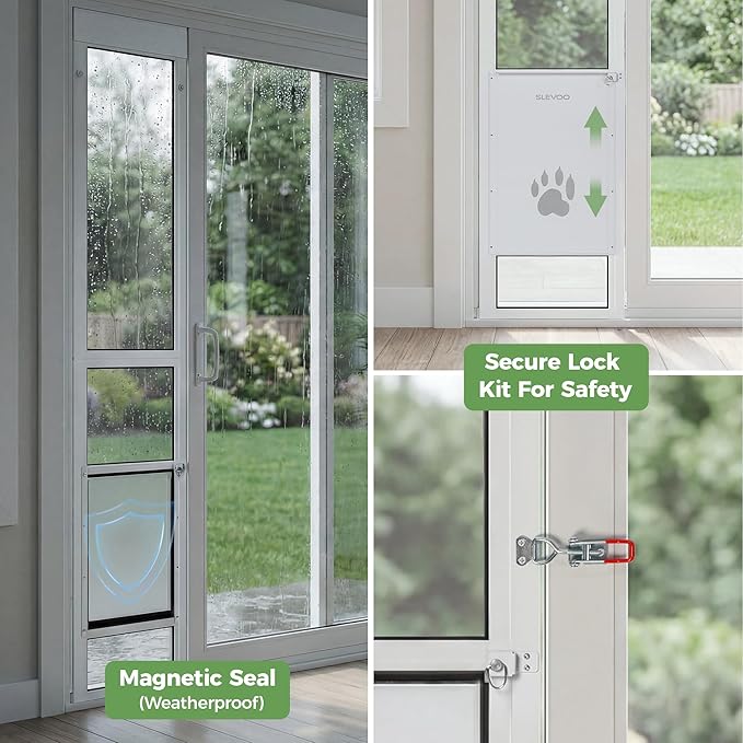 Slevoo Sliding Glass Dog Door, No-Cut Installation, Height Adjustable 79 1/5" to 82", Upgraded Silicone Flap, Weatherproof & Secure Pet Door for Medium/Large Dogs, White Aluminum Frame (Large)