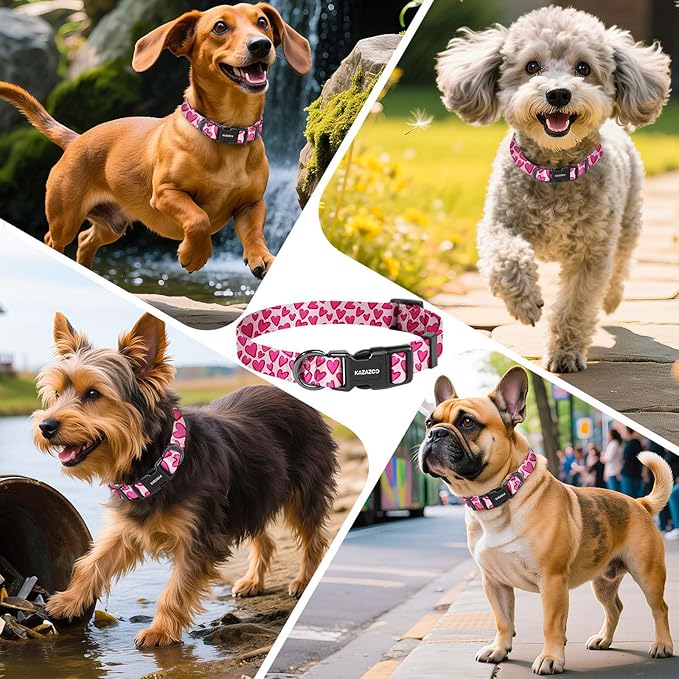 Kazazoo Dog Collar Cute and Soft Nylon Puppy Collar Girl, Adjustable Dog Collars for Small Medium Dogs, Hot Pink Heart-S