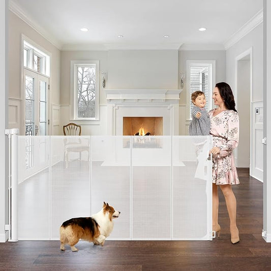 Reinforced 42" Extra Tall x 75" Wide Retractable Gate with Support Rods - Prevent Crawling Under Extra Tall Baby Gate Retractable Dog Gate Indoor Long Dog Gate Outdoor Retractable Pet Gate, White