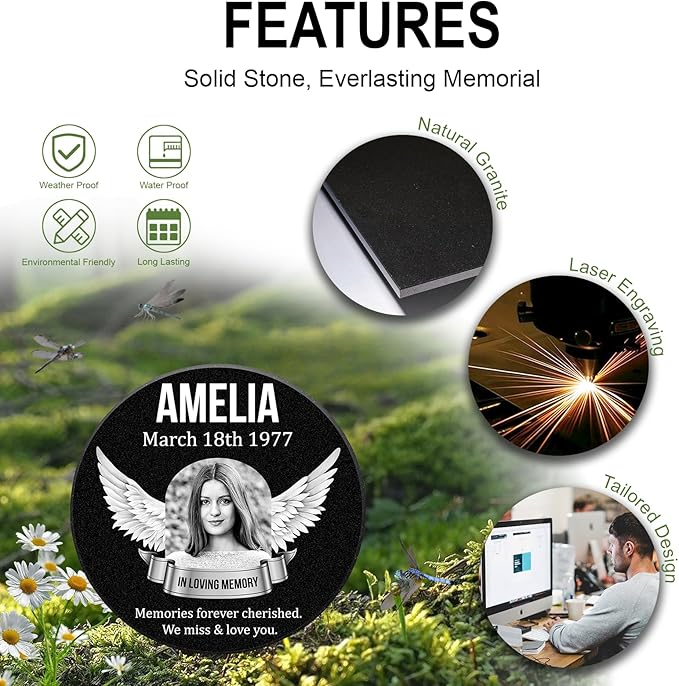 ADFSTONE Grave Stones for Cemetery for Humans- Personalized Head Stone for Graves, Photo Grave Markers, Engraved Cemetary Headstones, Picture Memorial Plaque, Marble Tombstone with Stand