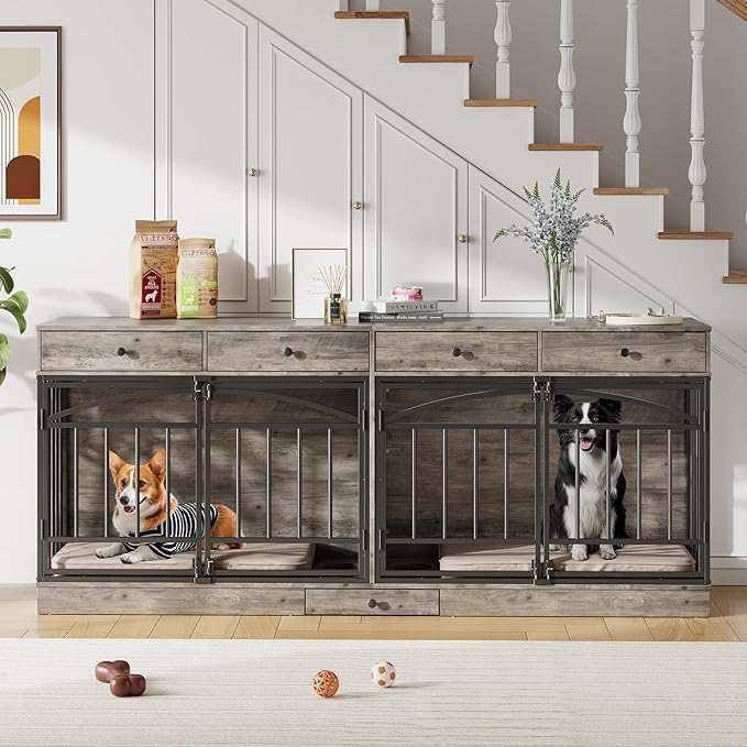 GarveeHome Dog Crate Furniture for 2 Dogs, Dog Kennel Indoor with 4 Storage Drawers and Feeding Bowls, Double Dog Crate TV Stand for Small Medium Dogs, Grey