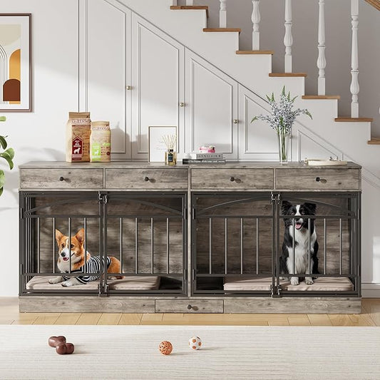 GarveeHome Dog Crate Furniture for 2 Dogs, Dog Kennel Indoor with 4 Storage Drawers and Feeding Bowls, Double Dog Crate TV Stand for Small Medium Dogs, Grey