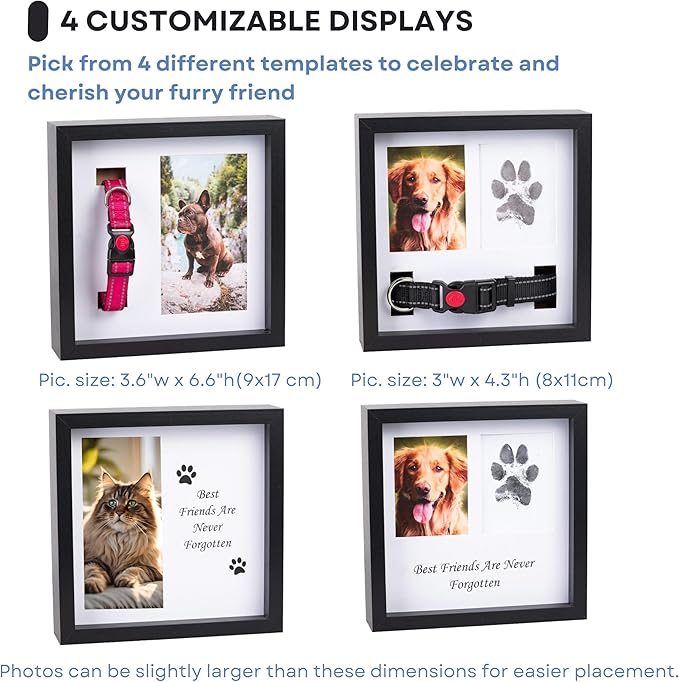 Dog Paw Print Kit for Dogs, Dog Picture Frame with Shatterproof Plexiglass, 4 Customizable Displays, 9”x9”, Pet Memorial Gifts for Dogs, Loss of Pet Sympathy Gift, Pet Paw Print Impression Kit (Black)