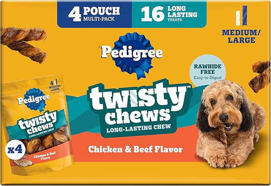 Pedigree Twisty Chews Medium/Large Long-Lasting Dog Treats Chicken & Beef Flavor, 9.17 oz. Pouch, Pack of 4 (16 Count)