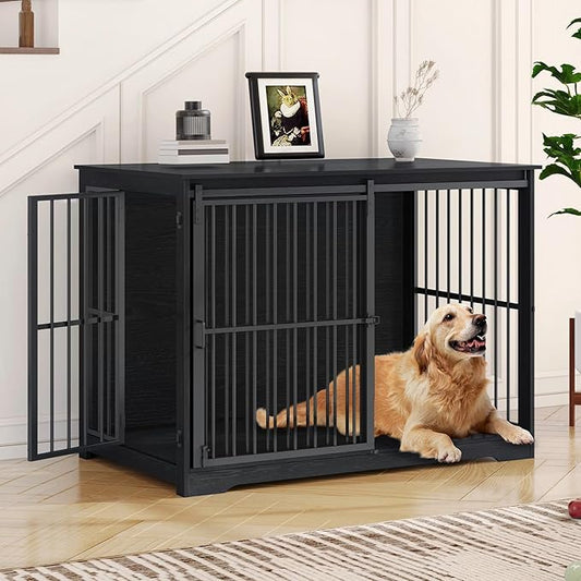 XXL Large Dog Crate Furniture, 46.9" Indoor Dog Kennel Furniture with Barn Door, Wooden Tall Dog Crate, Heavy Duty Dog Cage for Large Dogs, Side End Table, Anti-Chew, Black DFC83804B