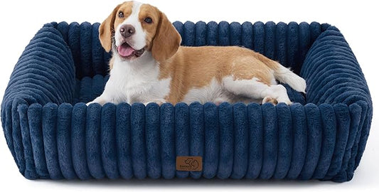 Bedsure ComfyFleece™ Cute Dog Beds Large Sized Dog - Washable Furry Pet Beds, Rectangle Orthopedic Corduroy Fleece Puppy Beds with Removable Zipper Cover, 36x27x8 inches,Night Blue