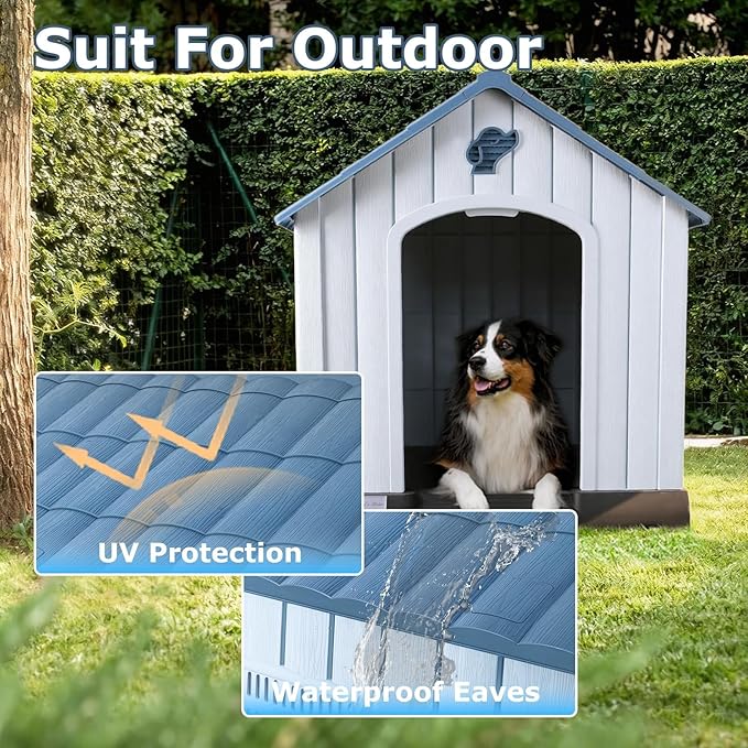 LEMBERI Durable Waterproof Plastic Dog House for Small to Large Sized Dogs, Indoor Outdoor Doghouse with Air Vents and Elevated Floor, Easy to Assemble (Blue, 40" L x 37.2" W x 40" H)