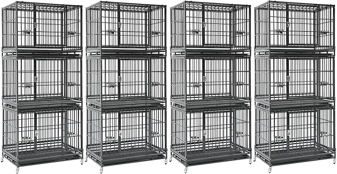 12-Pack 36 inch Stackable Heavy Duty Dog Crate, Metal Escape Proof Dogs Cage Kennel with Lockable Wheels, Removable Tray & Metal Grid, Top Access for High Anxiety Dogs Medium/Small Dogs