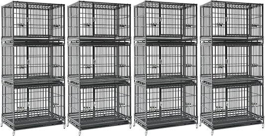 12-Pack 36 inch Stackable Heavy Duty Dog Crate, Metal Escape Proof Dogs Cage Kennel with Lockable Wheels, Removable Tray & Metal Grid, Top Access for High Anxiety Dogs Medium/Small Dogs