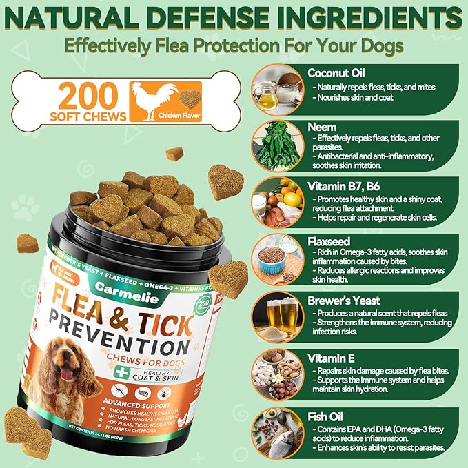 Dual Flea Chews Bundle for Dogs - 200 Each - Natural Flea & Tick Prevention with Skin & Coat Support + Daily Flea Chews for All Breeds - Chicken Flavor Combo